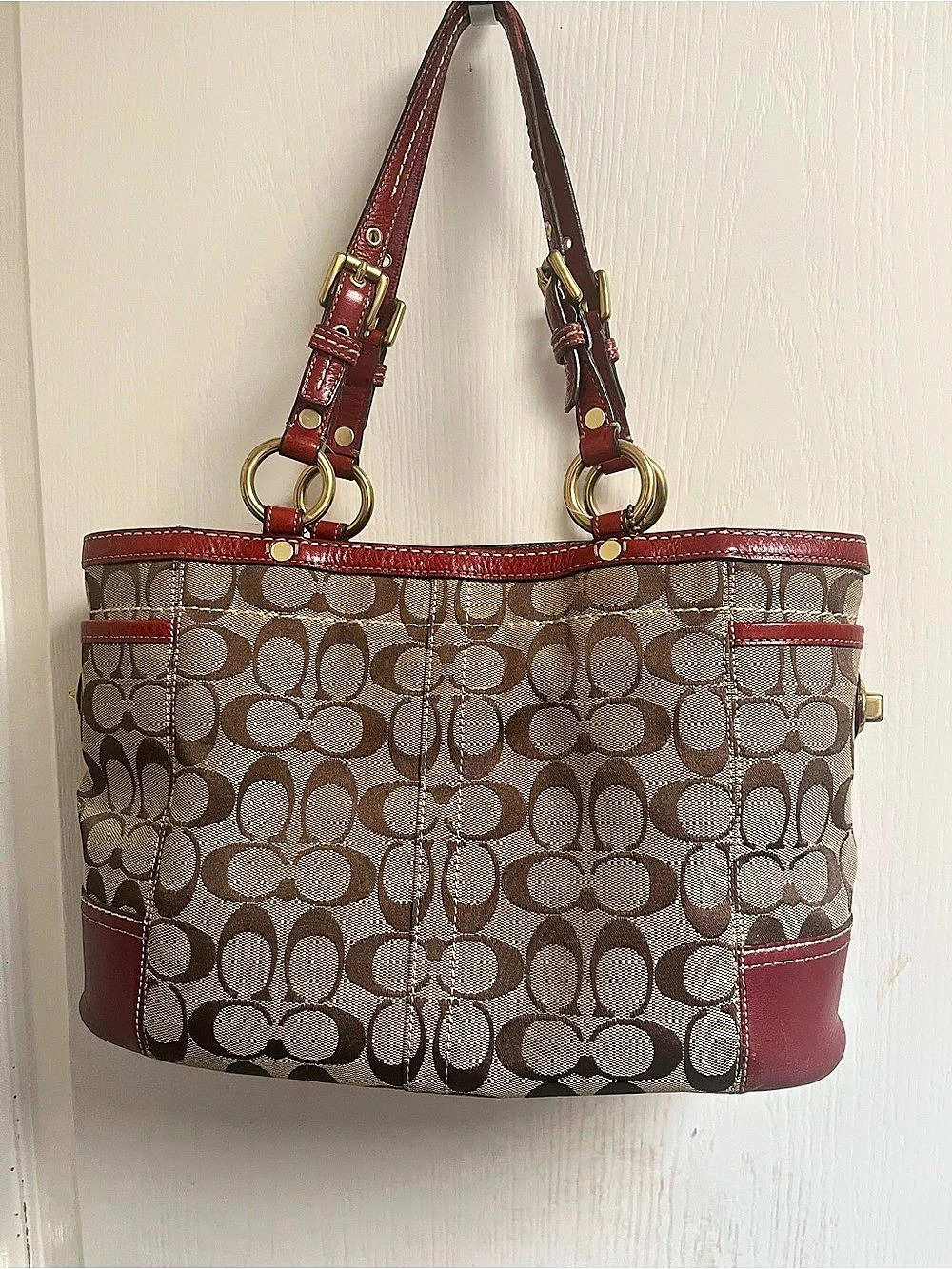 Vintage Coach Signature Tote in Brown & Red with turnlock side pockets